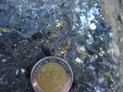 Close up of chalcopyrite-specularite mineralization, IOCG prospect, Peru.
