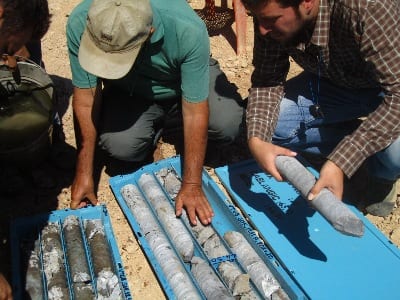 Inspecting drill core at a copper-gold exploration project, northwestern Turkey.